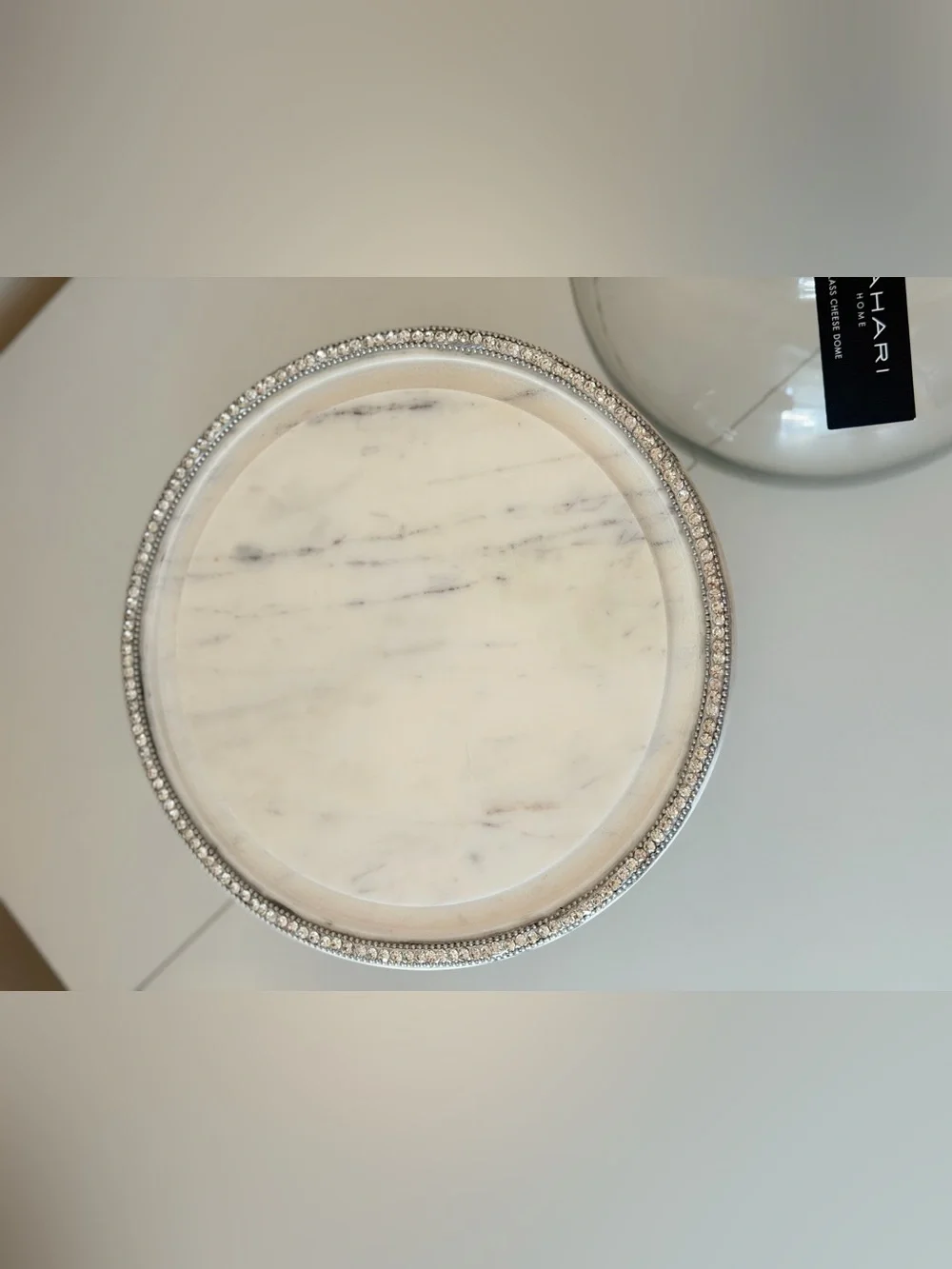 Tahari Home Glass Cheese Dome Cake Stand Marble Rhinestone Pedestal Server 10.5”